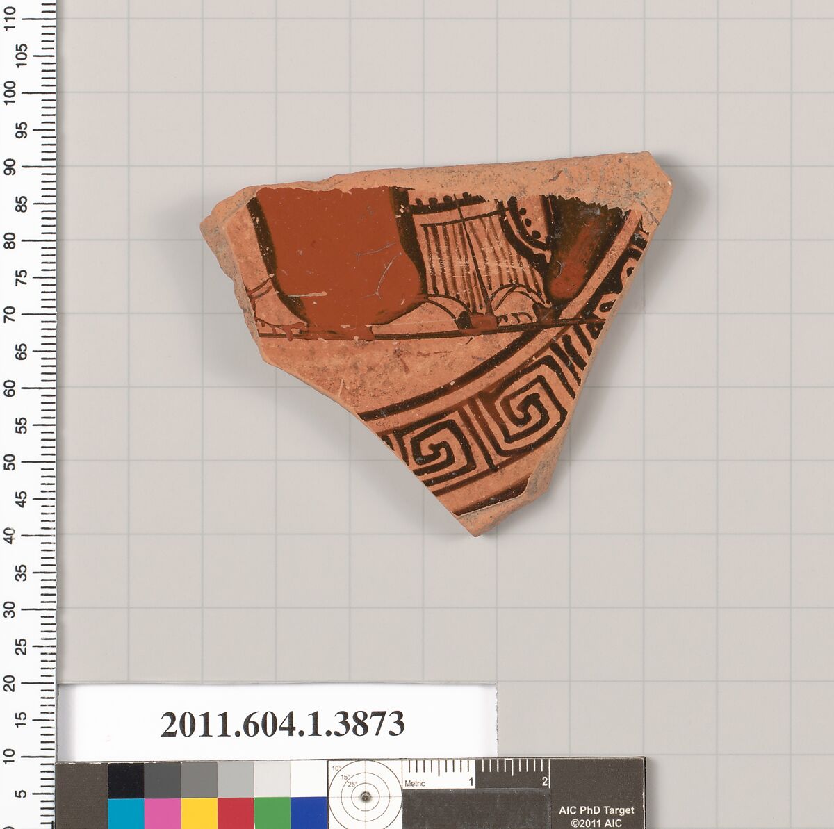 Terracotta fragment of a kylix (drinking cup), Terracotta, Greek, Attic 