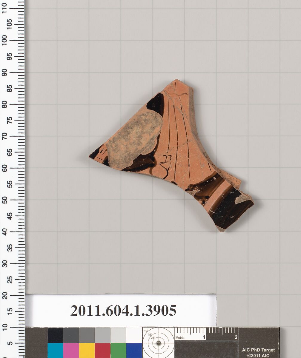 Terracotta fragment of a kylix (drinking cup), Terracotta, Greek, Attic