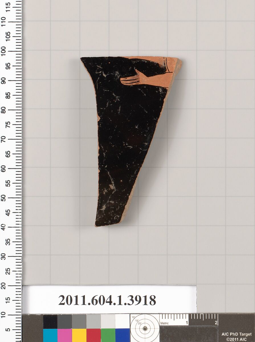 Terracotta fragment of a kylix (drinking cup), Terracotta, Greek, Attic