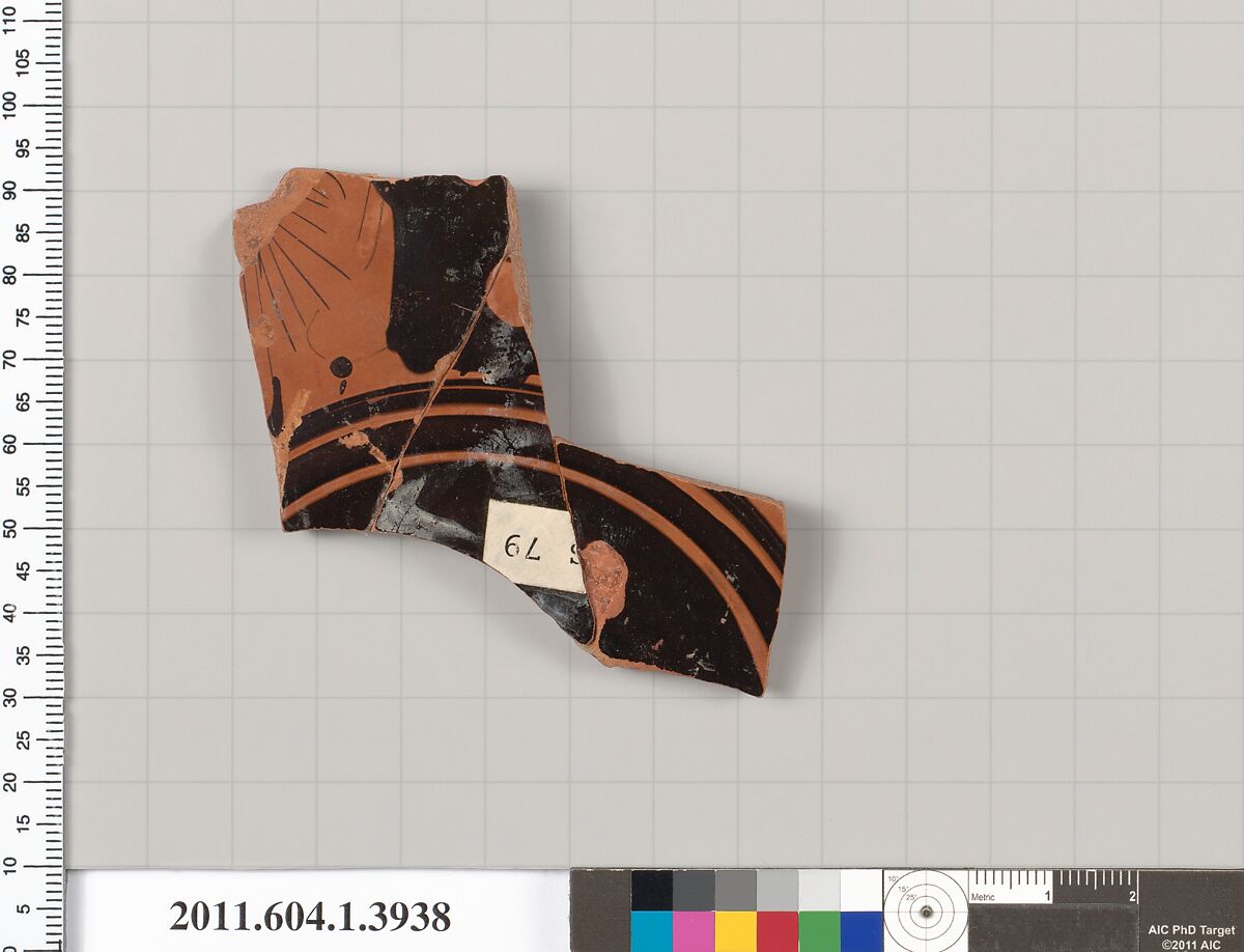 Terracotta fragment of a kylix (drinking cup), Terracotta, Greek, Attic