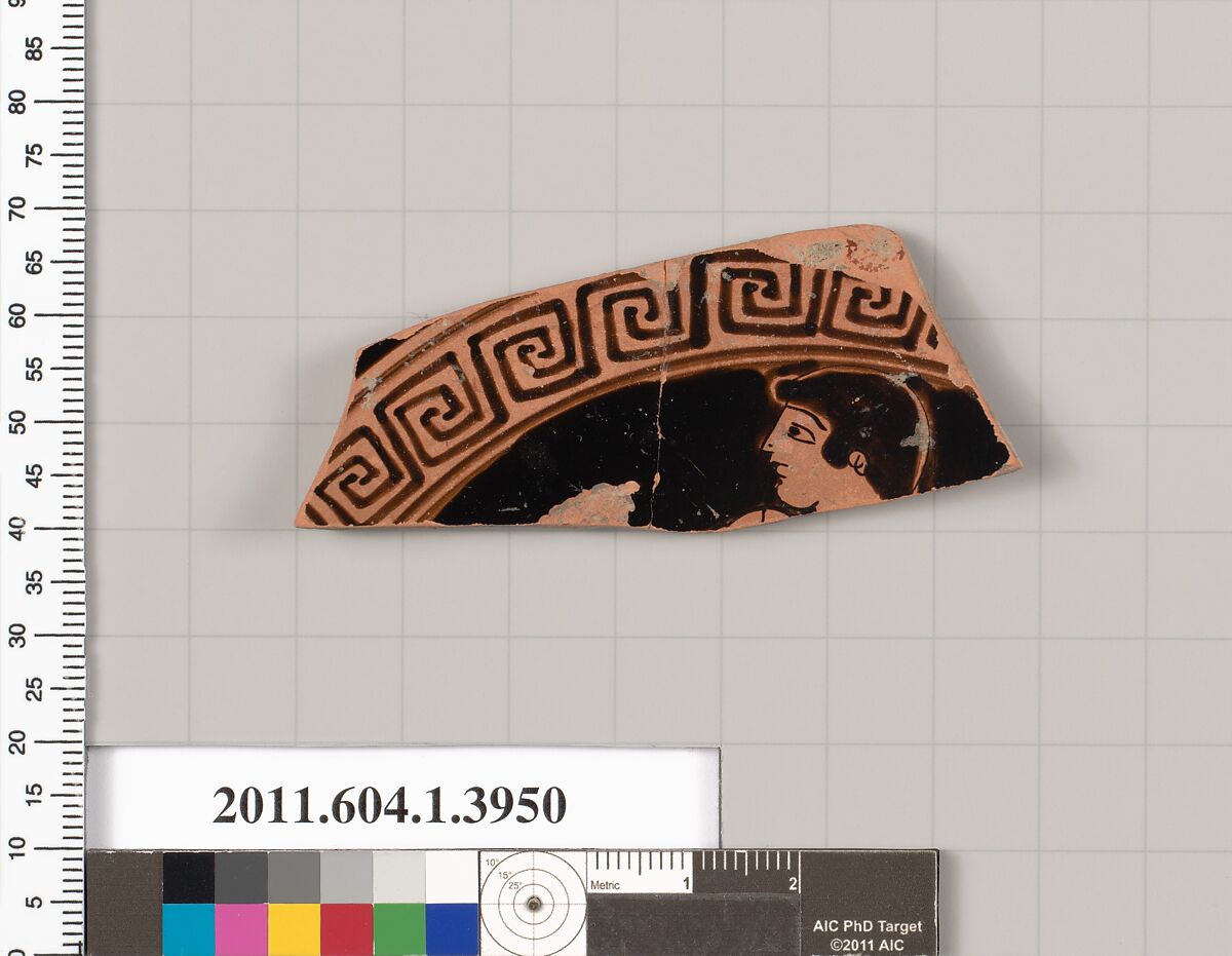 Terracotta fragment of a kylix (drinking cup), Terracotta, Greek, Attic 