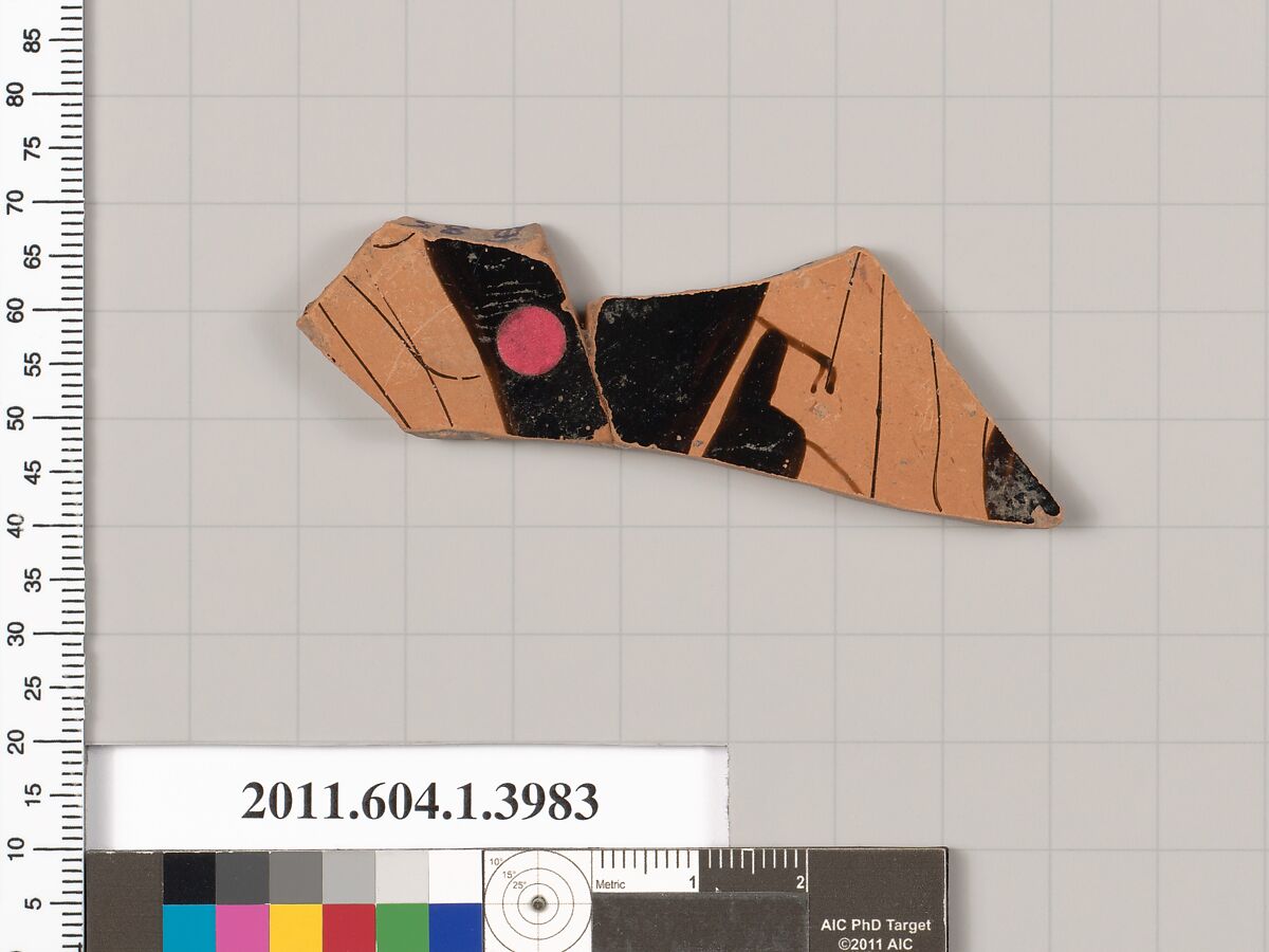 Terracotta fragment of a kylix (drinking cup), Terracotta, Greek, Attic