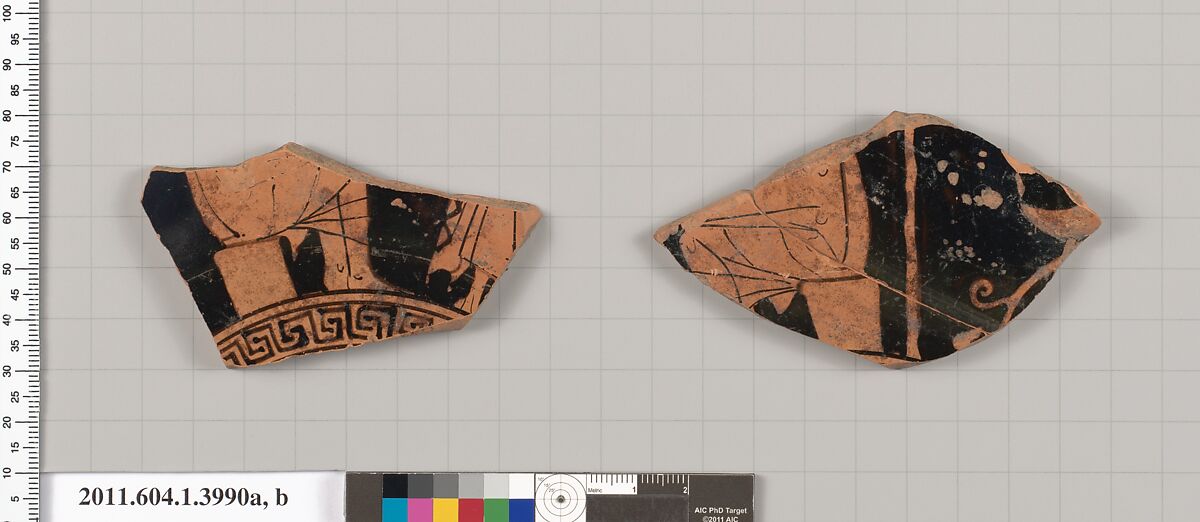 Terracotta fragments of a kylix (drinking cup), Terracotta, Greek, Attic