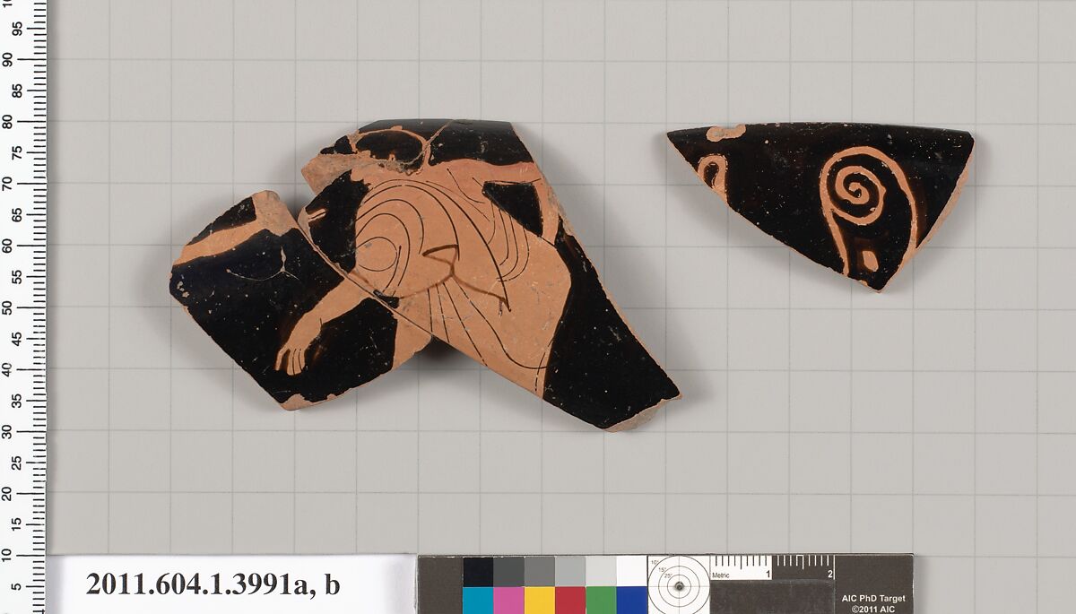 Terracotta fragments of a kylix (drinking cup), Terracotta, Greek, Attic