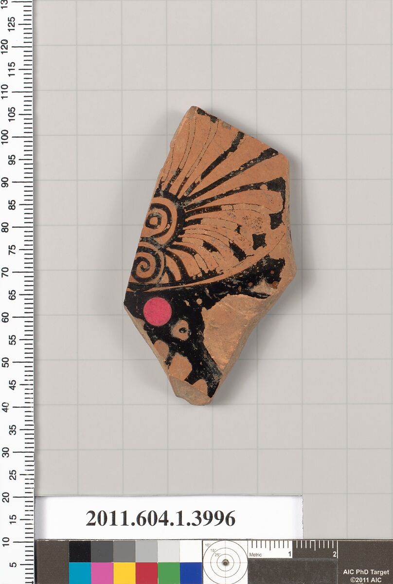 Terracotta fragment of a kylix (drinking cup), Terracotta, Greek, Attic