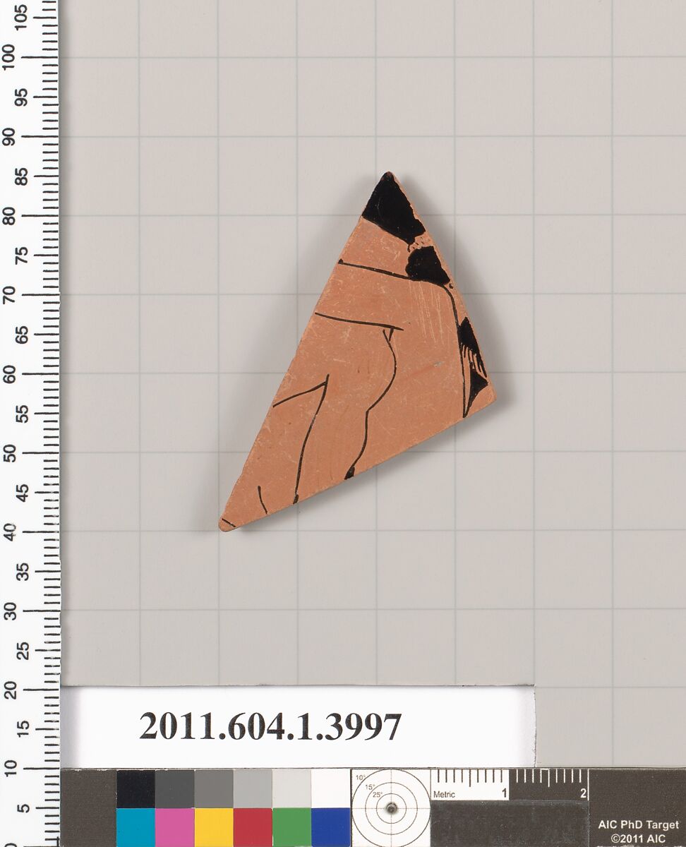 Terracotta fragment of a kylix (drinking cup), Terracotta, Greek, Attic
