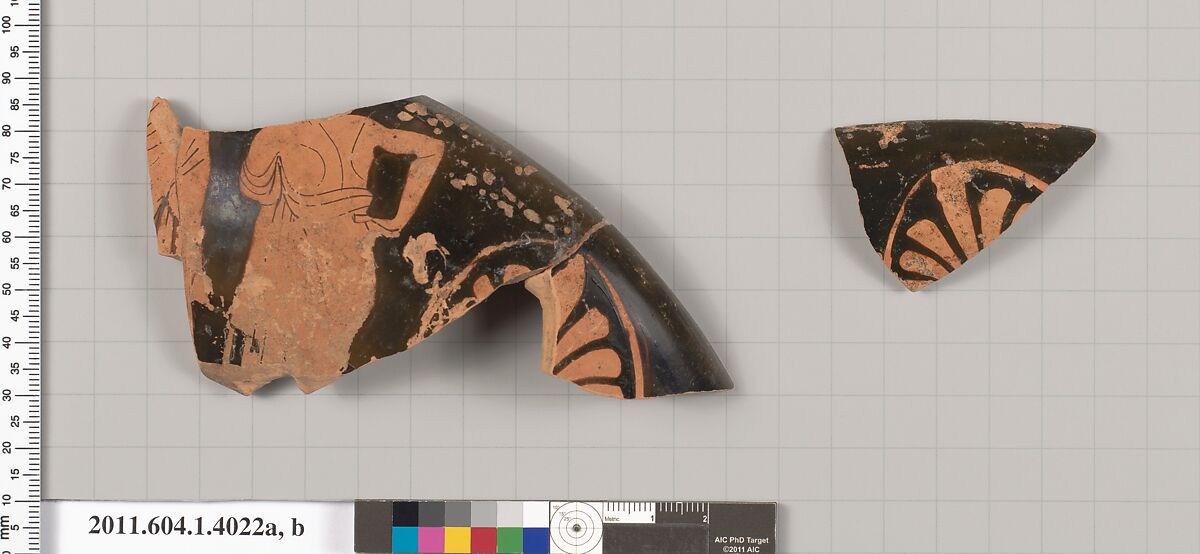Terracotta rim fragments of a kylix (drinking cup), Terracotta, Greek, Attic