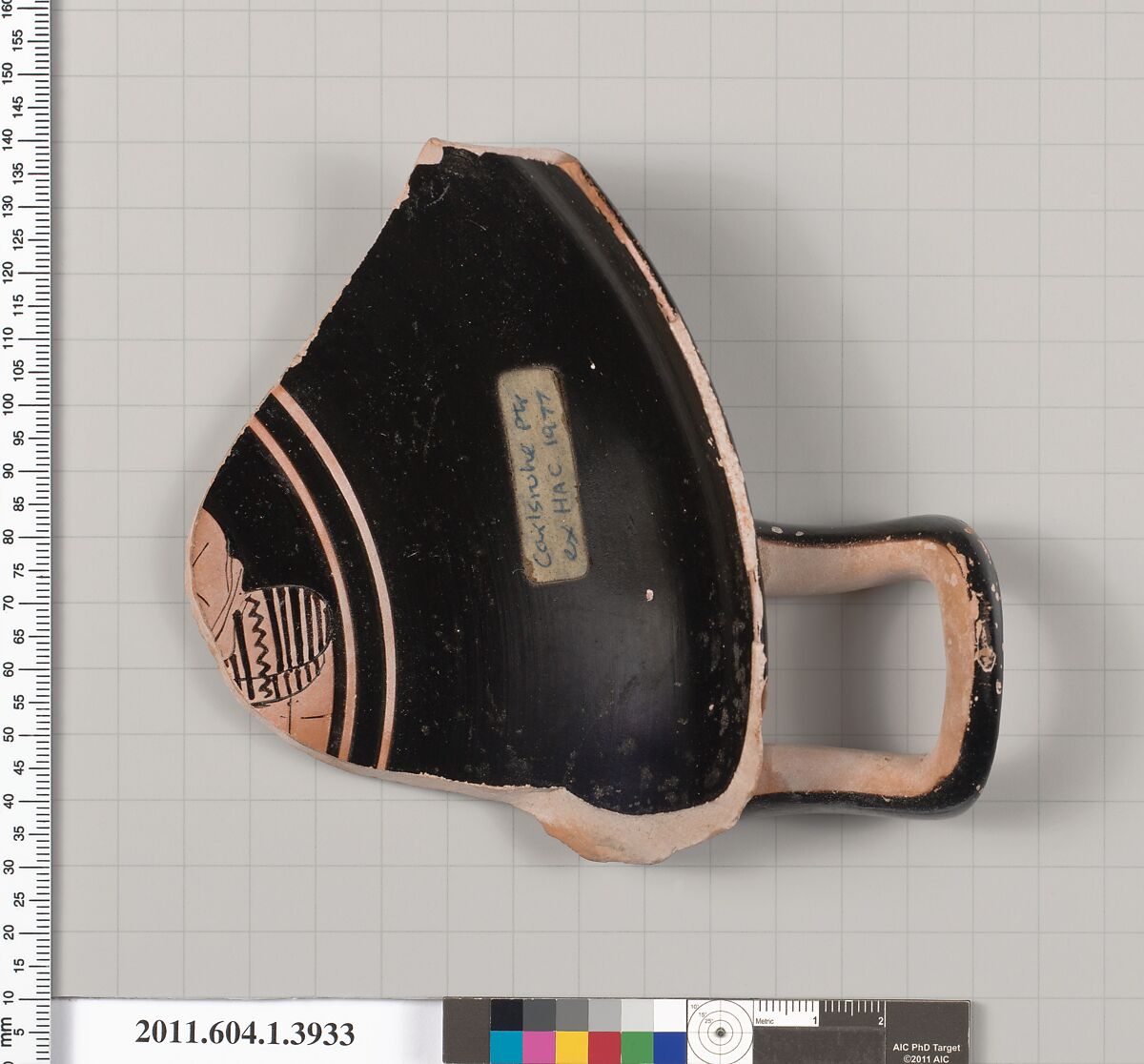 Terracotta fragment of a kylix (drinking cup), Attributed to the Carlsruhe Painter [DvB], Terracotta, Greek, Attic 