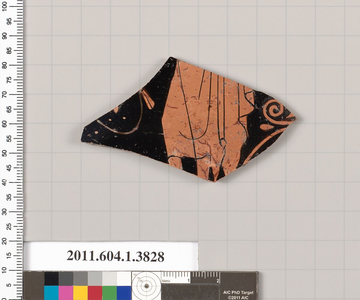 Terracotta fragment of a kylix (drinking cup), Attributed to the School of Makron [DvB], Terracotta, Greek, Attic