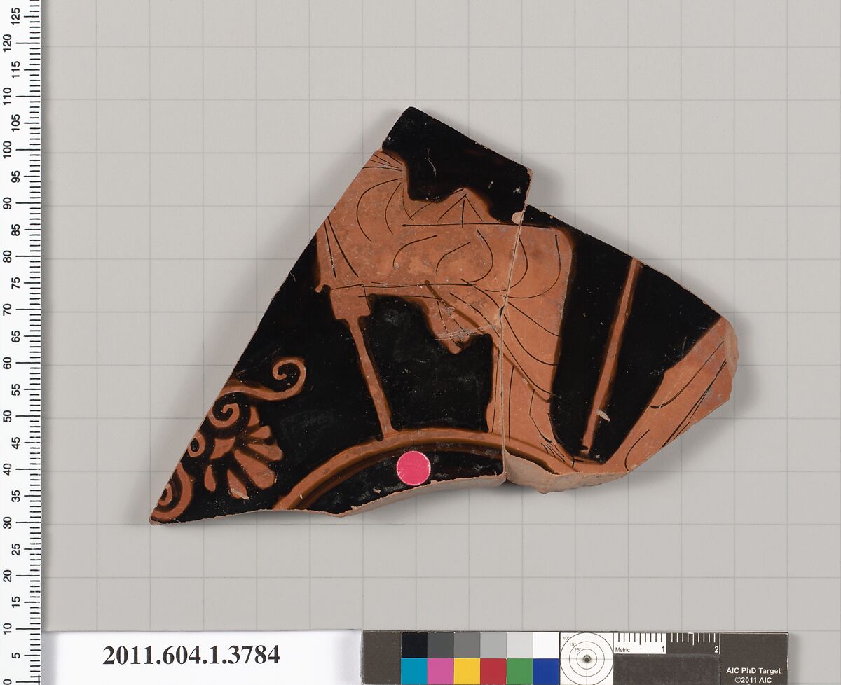 Terracotta fragment of a kylix (drinking cup), Attributed to the Painter of London D 12 [DvB], Terracotta, Greek, Attic