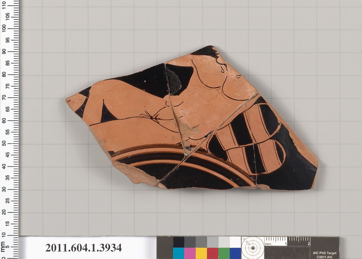 Terracotta fragment of a kylix (drinking cup), Attributed to the Thorvaldsen Group [DvB], Terracotta, Greek, Attic
