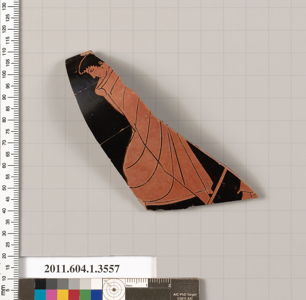 Terracotta rim fragment of a kylix (drinking cup), Attributed to Tarquinia Painter [DvB], Terracotta, Greek, Attic