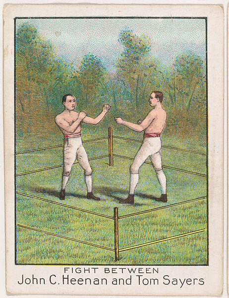 Fight between John C. Heenan and Tom Sayers, from the Champion Athlete and Prize Fighter series (T220), issued by Mecca and Tolstoi Cigarettes, Issued by Mecca Cigarettes (American), Commercial color lithograph 