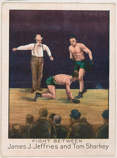 Fight between James J. Jeffries and Tom Sharkey, from the Champion Athlete and Prize Fighter series (T220), issued by Mecca and Tolstoi Cigarettes, Issued by Mecca Cigarettes (American), Commercial color lithograph 