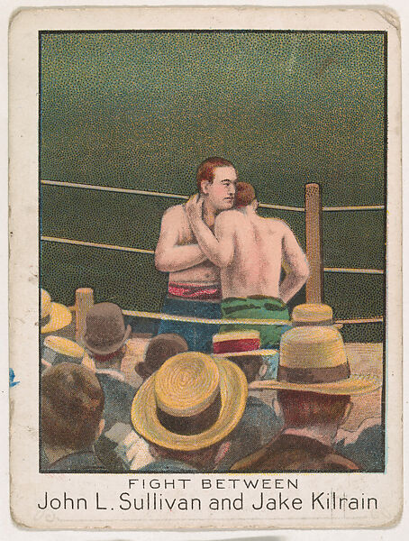 Fight Between John L. Sullivan and Jake Kilrain, from the Champion Athlete and Prize Fighter series (T220), issued by Mecca and Tolstoi Cigarettes, Issued by Mecca Cigarettes (American), Commercial color lithograph 