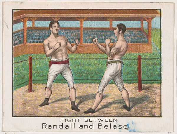 Fight Between Randall and Belasco, from the Champion Athlete and Prize Fighter series (T220), issued by Mecca and Tolstoi Cigarettes, Issued by Mecca Cigarettes (American), Commercial color lithograph 