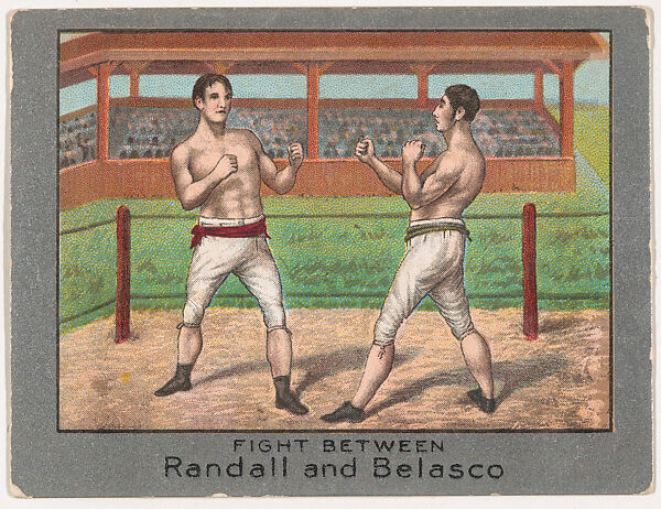 Fight Between Randall and Belasco, from the Champion Athlete and Prize Fighter series (T220), issued by Mecca and Tolstoi Cigarettes, Issued by Mecca Cigarettes (American), Commercial color lithograph 