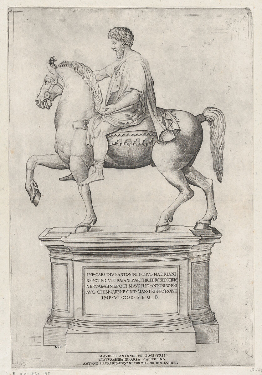 The Equestrian Statue of Marcus Aurelius on the Capitol, Nicolas Beatrizet (French, Lunéville 1515–ca. 1566 Rome (?)), Engraving; first state 