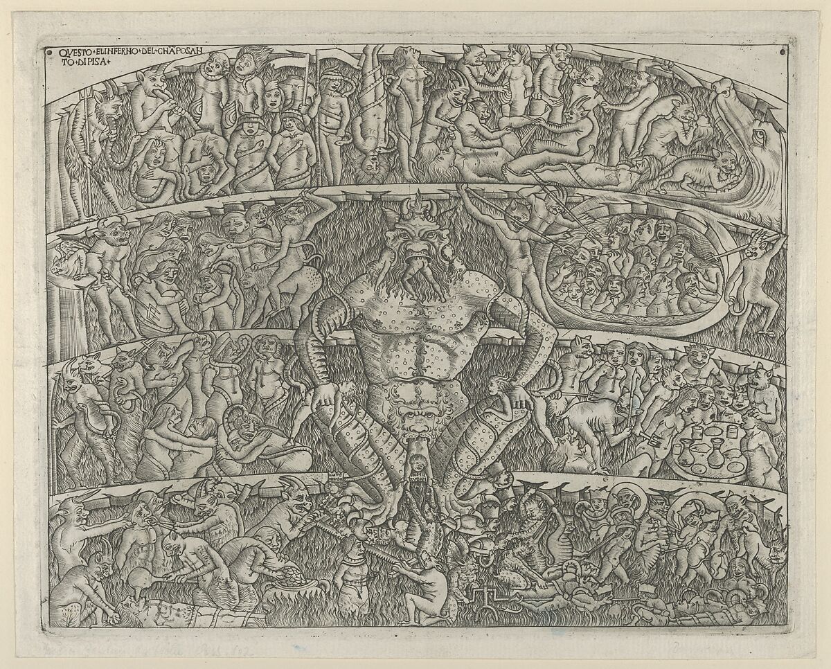 The Inferno according to Dante, after the Last Judgement fresco in the Campo Santo, Pisa, Anonymous, Italian, Florentine, 15th century, Engraving (a later restrike) 