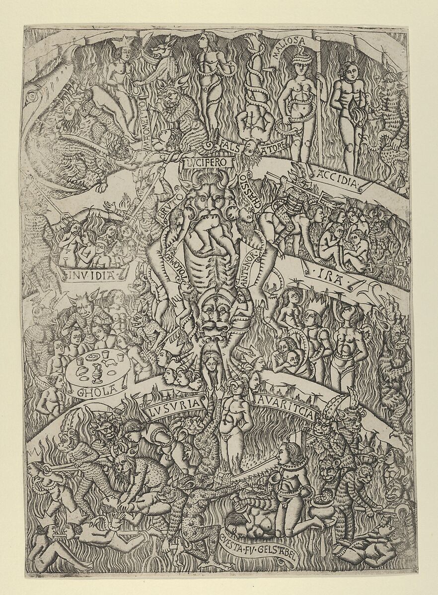 The Inferno according to Dante, after the Last Judgment fresco in the Campo Santo, Pisa, Anonymous, Italian, Florentine, 15th century, Engraving, a later re-strike (possibly 19th century) 