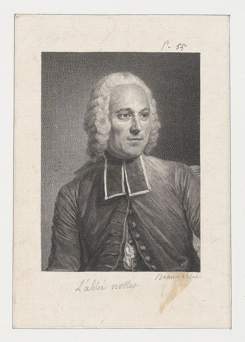 Portrait of Jean Antoine Nollet, Jacques Firmin Beauvarlet (French, Abbeville 1731–1797), Etching 