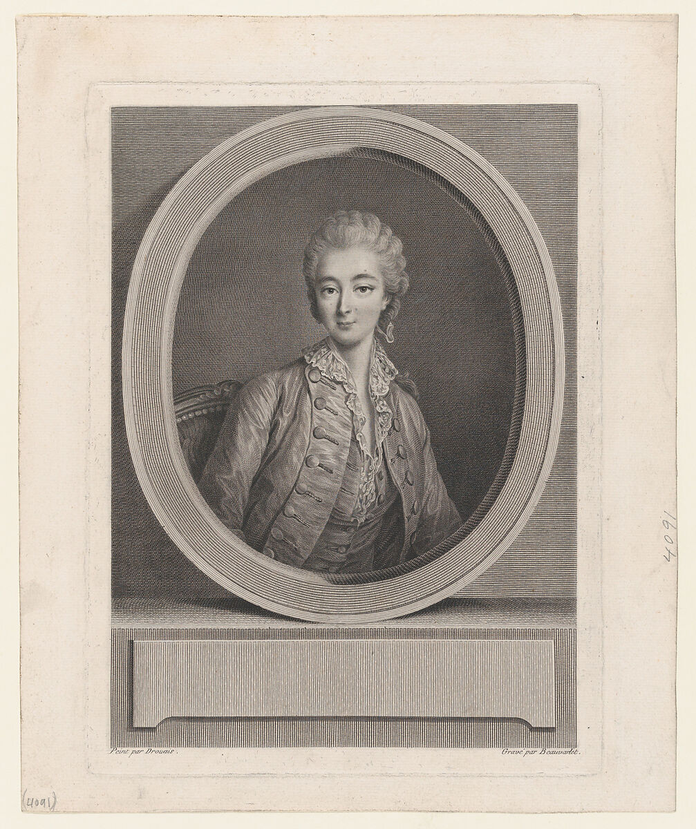 Portrait of Madame du Barry, after Drouais, and engraver Jacques Firmin Beauvarlet (French, Abbeville 1731–1797), Etching and engraving; second state 