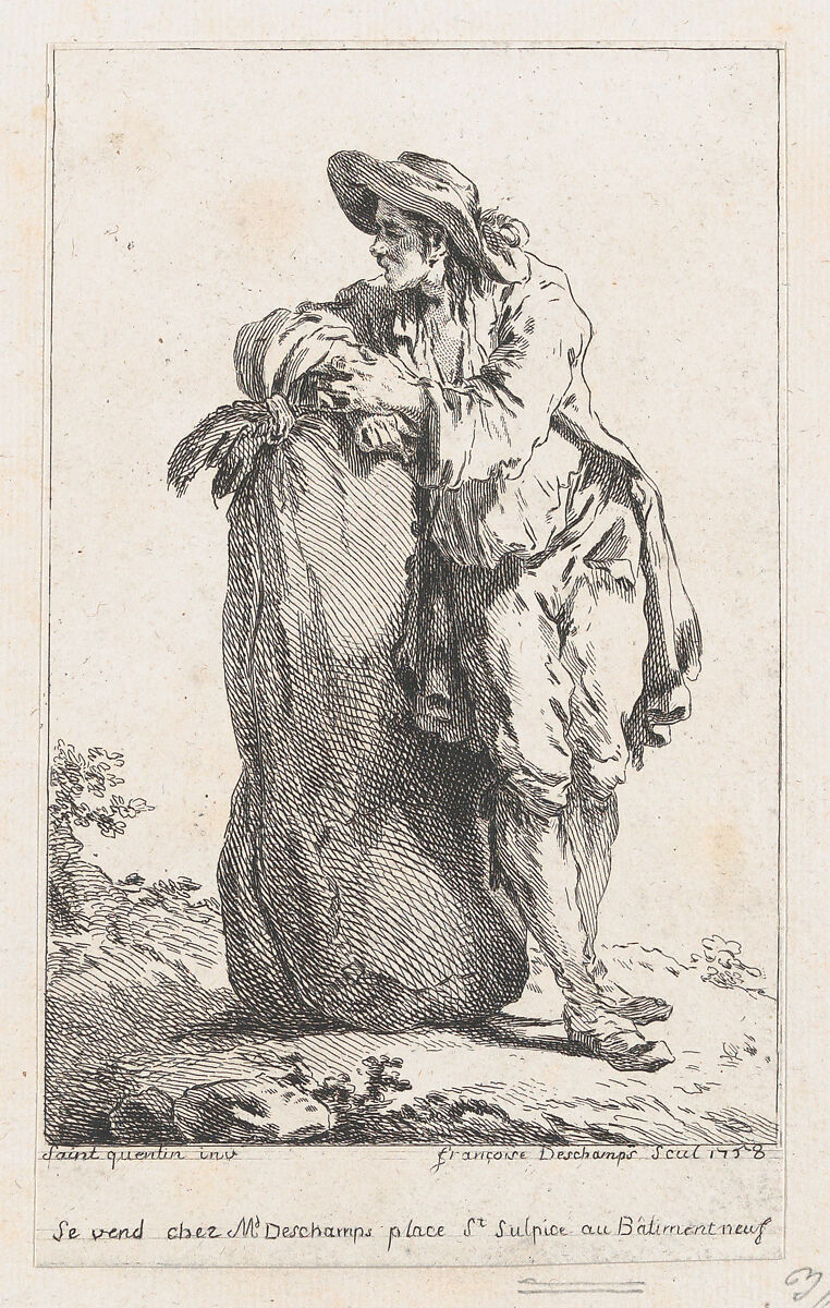 Peasant Leaning on a Sack of Grain, Catherine-Francoise Beauvarlet (French, Paris 1737–1769 Paris), Etching 