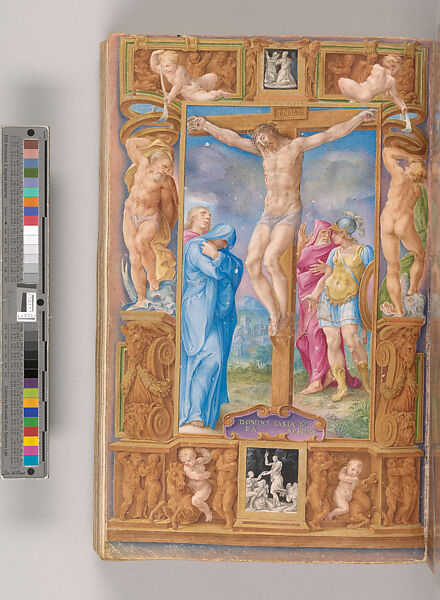The Farnese Hours, opened at fols. 102v-103r (Crucifixion and the Brazen Serpent), Giulio Clovio (Italian, Brizane 1498–1578 Rome), Parchment 
