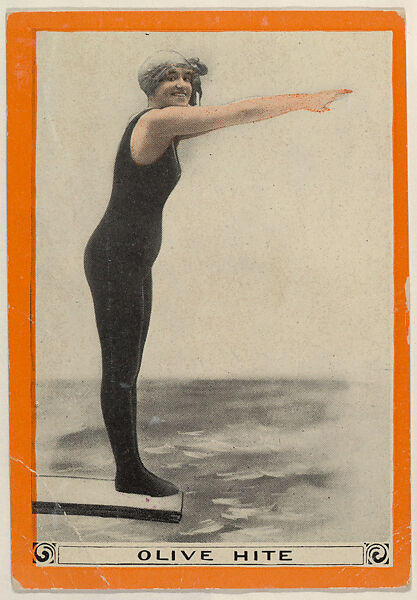Olive Hite, No. 87, The Standing Sitting Standing Dive, from the Champion Women Swimmers series (T221), issued by Pan Handle Scrap, Issued by Pan Handle Scrap Company, Commercial color lithograph 