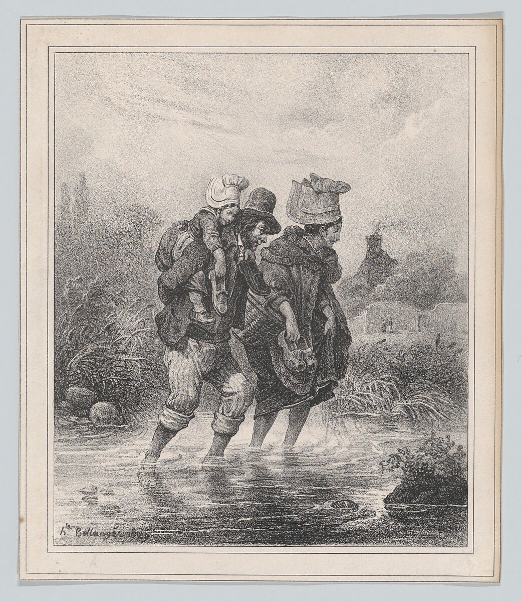 Man, Woman and Child Crossing a Stream, Hippolyte Bellangé (French, 1800–1866), Lithograph 