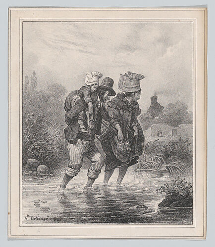 Man, Woman and Child Crossing a Stream
