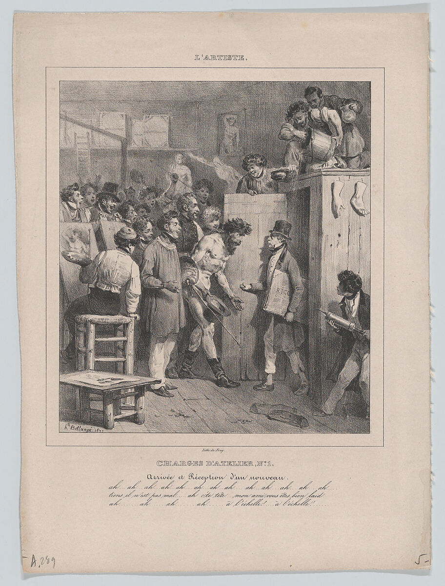 Responsibilities of an Atelier: Number 1: The Arrival and Reception of a Newcomer, Hippolyte Bellangé (French, 1800–1866), Lithograph 