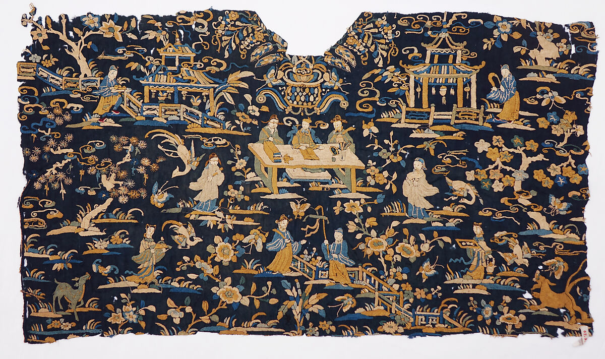 Fragment with Chinoiserie figures in a garden, Silk embroidery on silk damask, China