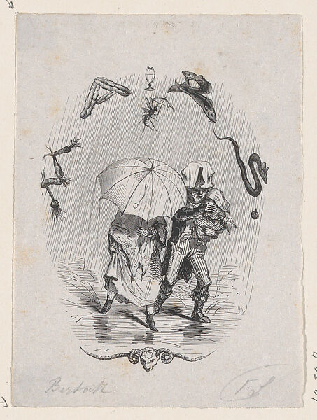Woman and Man Carrying a Child, Walking in the Rain with an Umbrella, Félix Leblanc (French, born Paris, 1823), Wood engraving 