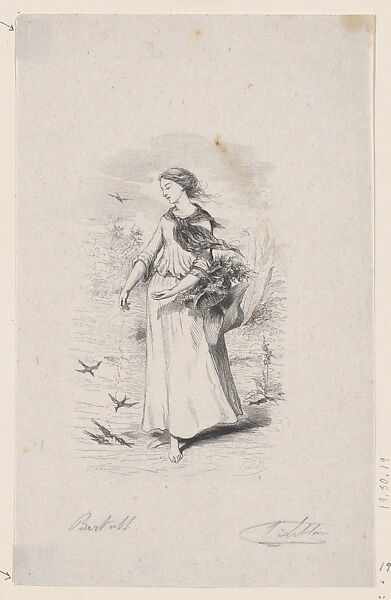 Woman Feeding Birds, Holding a Basket, Félix Leblanc (French, born Paris, 1823), Wood engraving 