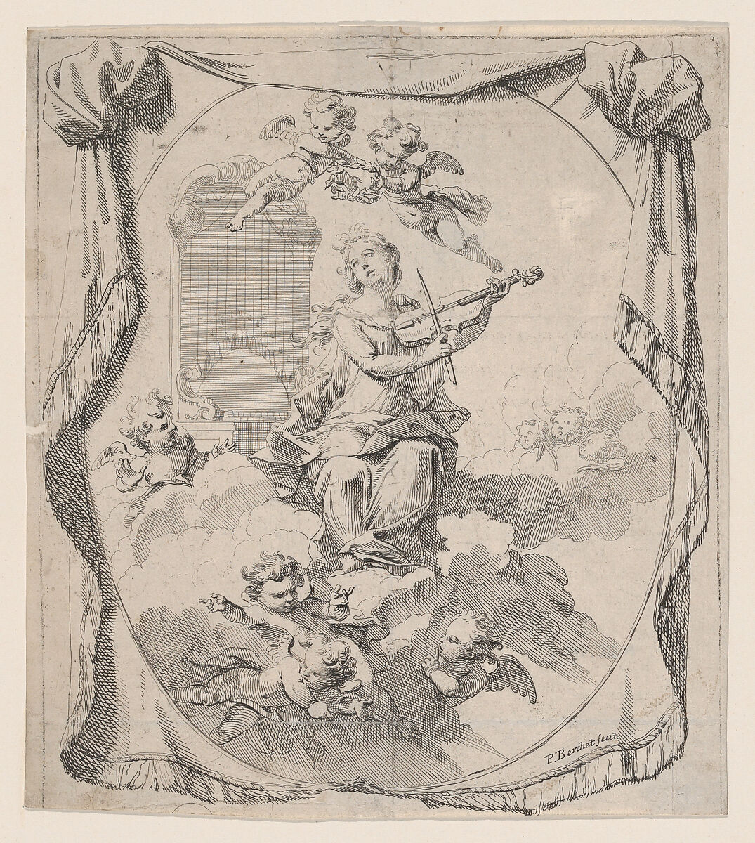 St. Cecilia on Clouds Upheld by Angels, Peter Berchet (French, 1659–1720 London), Engraving 