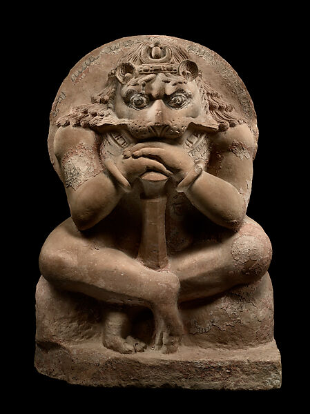 Narasimha, the man-lion avatar of Vishnu, Dolomitic limestone, with remains of plaster decoration with polychrome, Afghanistan or northern Pakistan 