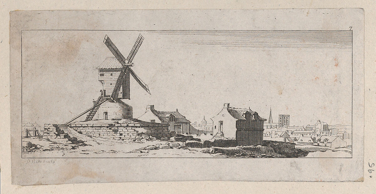 View of a Windmill, P. Benoist (French, 18th century), Engraving 