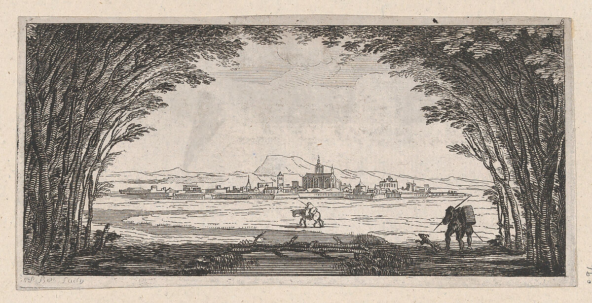 View of a town with man and dog, P. Benoist (French, 18th century), Engraving 