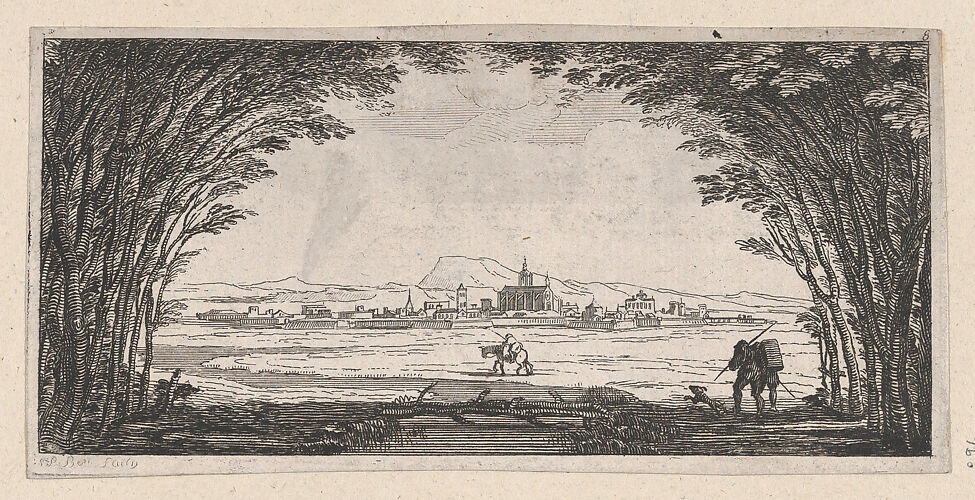 View of a town with man and dog