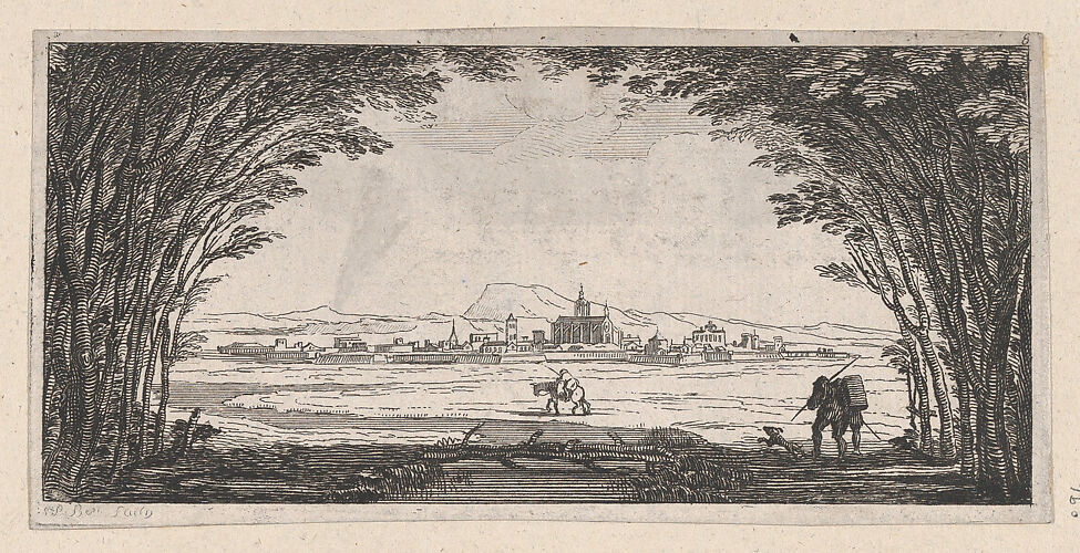 View of a town with man and dog