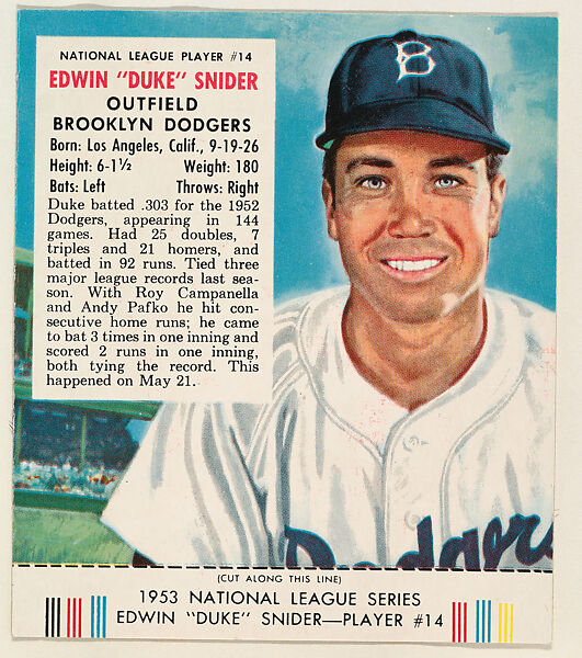 Edwin "Duke" Snider, from the Red Man All-Star Team series (T233), issued by Red Man Chewing Tobacco, Issued by Red Man Chewing Tobacco (American), Commercial color lithograph 