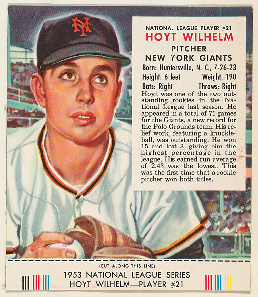 Hoyt Wilhelm, from the Red Man All-Star Team series (T233), issued by Red Man Chewing Tobacco, Issued by Red Man Chewing Tobacco (American), Commercial color lithograph 