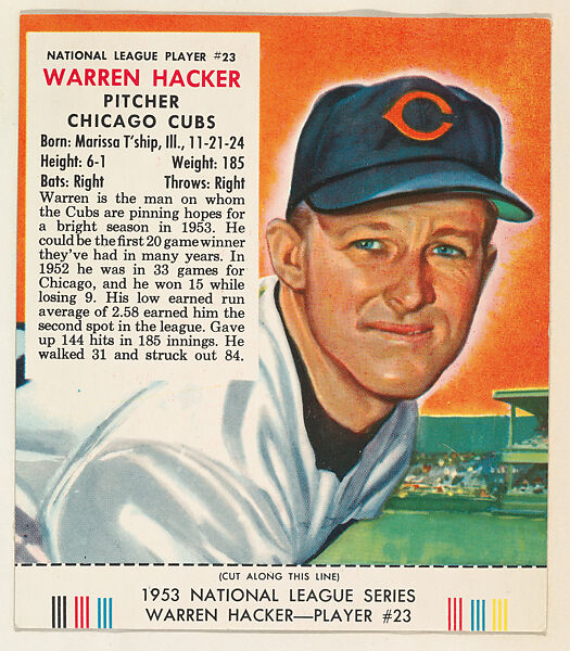 Warren Hacker, from the Red Man All-Star Team series (T233), issued by Red Man Chewing Tobacco, Issued by Red Man Chewing Tobacco (American), Commercial color lithograph 