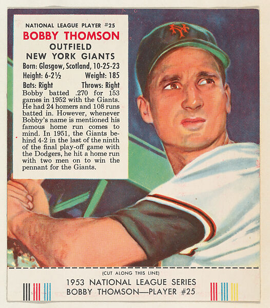 Bobby Thomson, from the Red Man All-Star Team series (T233), issued by Red Man Chewing Tobacco, Issued by Red Man Chewing Tobacco (American), Commercial color lithograph 
