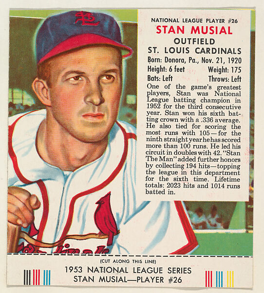 Stan Musial, from the Red Man All-Star Team series (T233), issued by Red Man Chewing Tobacco, Issued by Red Man Chewing Tobacco (American), Commercial color lithograph 