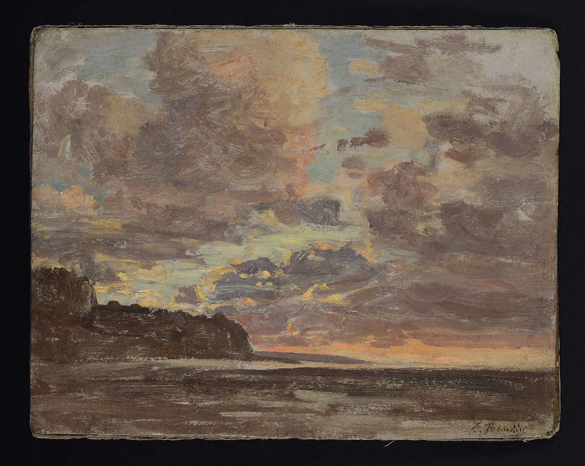 Sunset at Etretat, Eugène Boudin (French, Honfleur 1824–1898 Deauville), Oil on paper, laid down on cardboard 