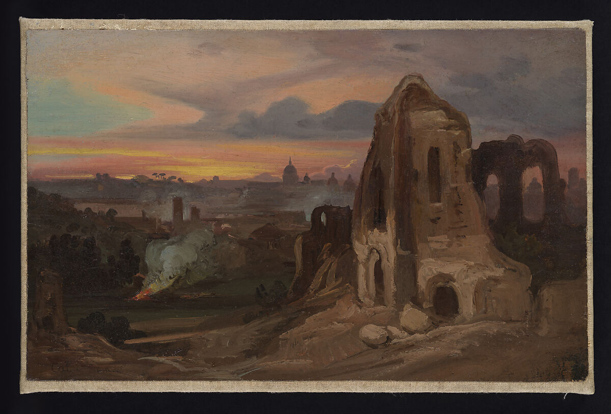 View of Rome with Ruined Church, Franz Ludwig Catel (German, Berlin 1778–1856 Rome), Oil on paper, laid down on canvas 