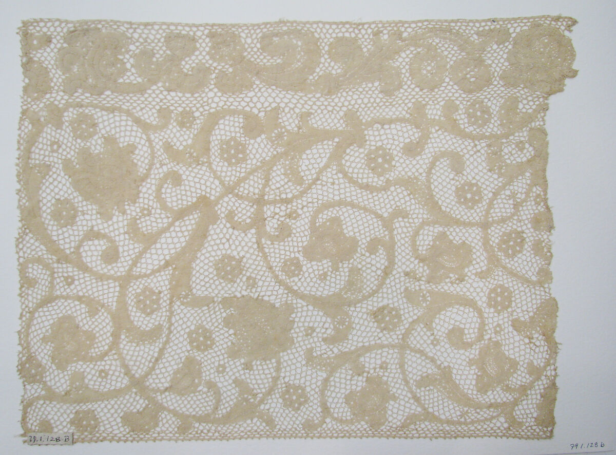 Fragment of Point de Milan lace, Bobbin lace, Milanese lace, Italian or Flemish 
