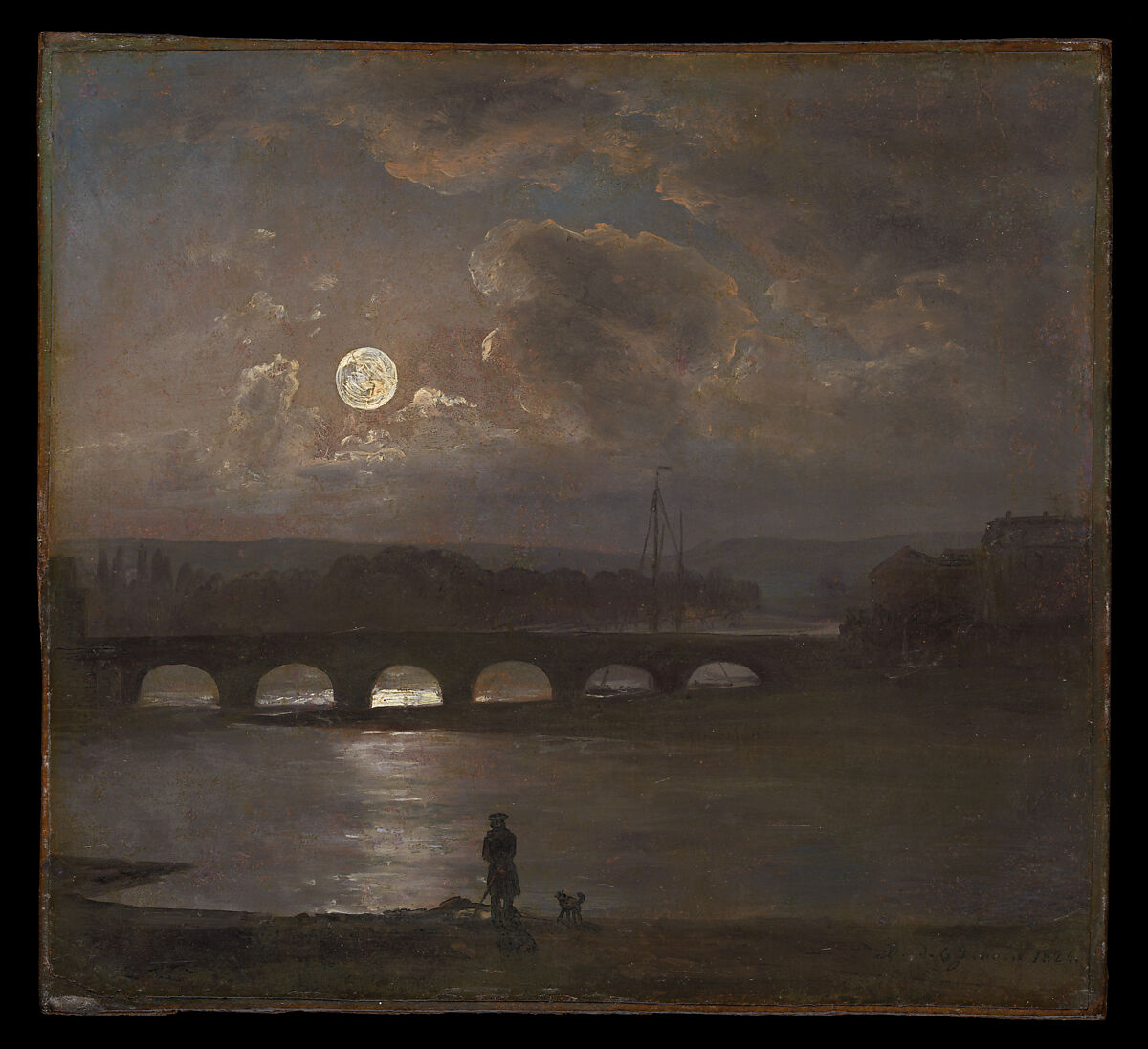 Moonlit View of the River Elbe at Dresden, Johan Christian Dahl (Norwegian, Bergen 1788–1857 Dresden), Oil on paper, laid down on wood 